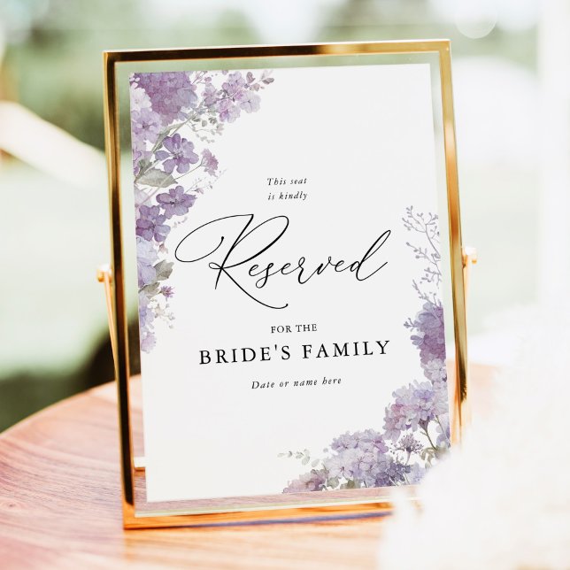 Póster Letrero de boda de asiento reservado floral de lav (Lavender floral reserved seat wedding sign watercolor purple lilac ceremony reserved seating sign)