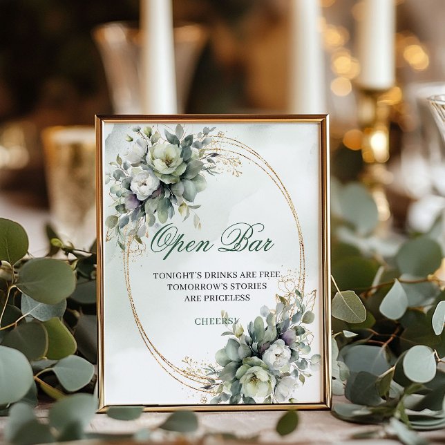 Póster Letrero de boda de barra abierta de polvo verde bo (Boho Dusty Green Open Bar Tabletop Wedding Sign)