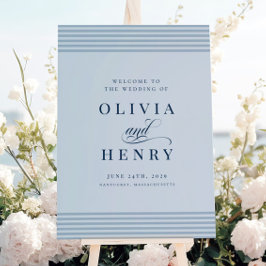 Póster Letrero de Boda de Elegante Franja Azul Costera ju