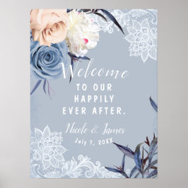 Póster Letrero de Boda de Encaje Floral Gris Polvoriento 