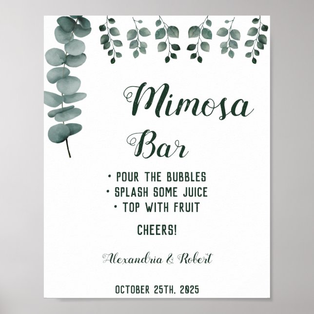 Póster Letrero de boda de eucalipto para bar de mimosa (Frente)