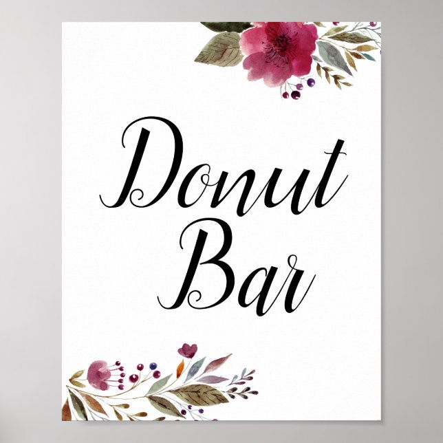 Póster Letrero de Boda Donut Bar Flores de Burdeos (Frente)
