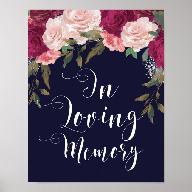 Póster Letrero de boda en memoria con flores azules (Frente)