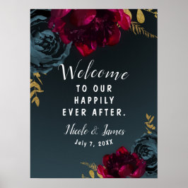Póster Letrero de Boda Floral Azul Oscuro Malhumorado Ver