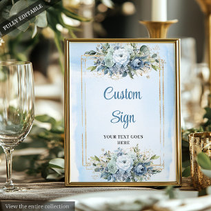 Póster Letrero de Boda Floral Azul Polvo Acuarela Dorado 