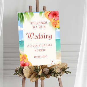 Póster Letrero de Boda Floral de Playa de Isla Tropical