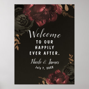 Póster Letrero de boda floral oscuro malhumorado marrón v