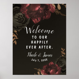 Póster Letrero de Boda Floral Oscuro Marrón Malhumorado V