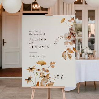 Póster Letrero de Boda Floral Otoñal Bosque Moderno Elega