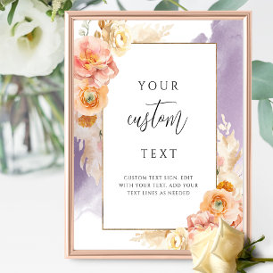 Póster Letrero de Boda Floral Púrpura Melocotón con Texto