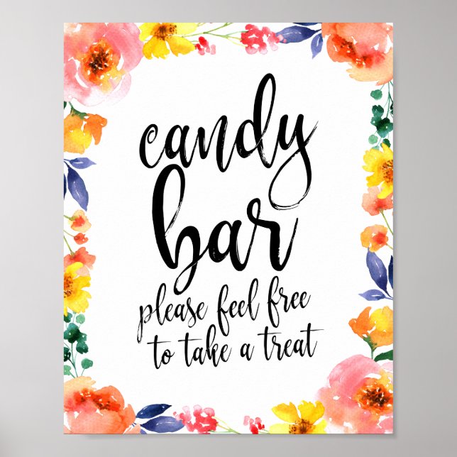 Póster Letrero de Boda Floral Script 8x10 Candy Bar (Frente)