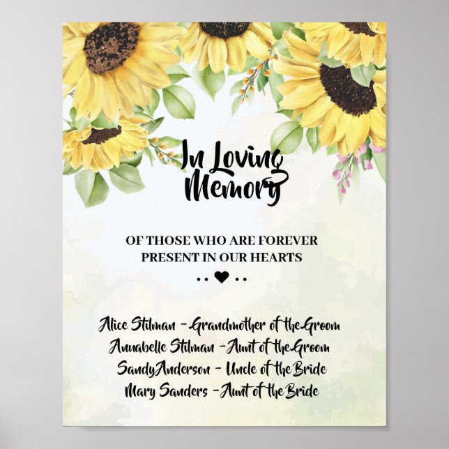 Póster Letrero de Boda Girasoles En Memoria Amorosa (Frente)