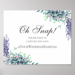 Póster Letrero de boda. Hashtag de instagram floral púrpu