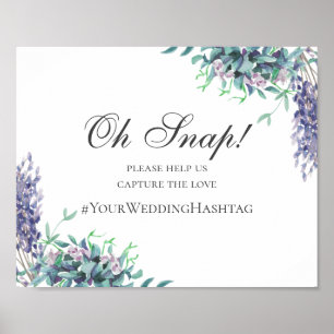 Póster Letrero de boda. Hashtag de instagram floral púrpu