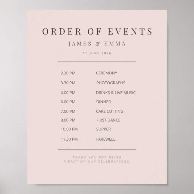 Póster Letrero de Boda Minimalista | Rubor Cálido (Frente)