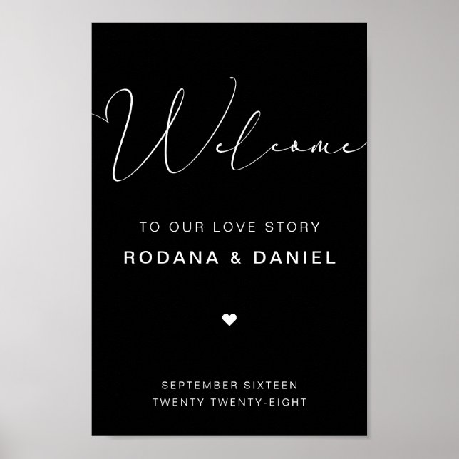 Póster Letrero de boda negro con caligrafía a mano (Frente)