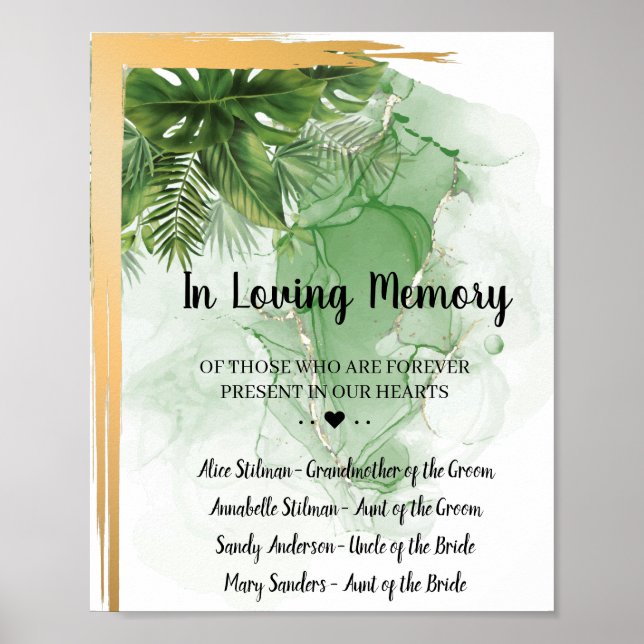Póster Letrero de Boda Palma Tropical En Memoria Querida (Frente)