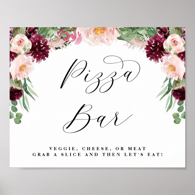 Póster Letrero de Boda para Buffet de Pizza con Tema Flor (Frente)