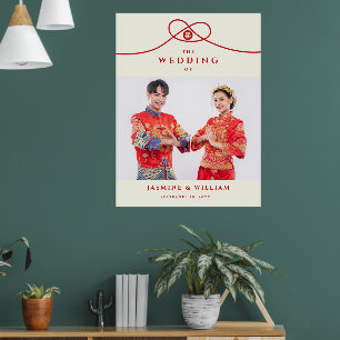Póster Letrero de Bodas Chino Doble Felicidad Nudo Rojo