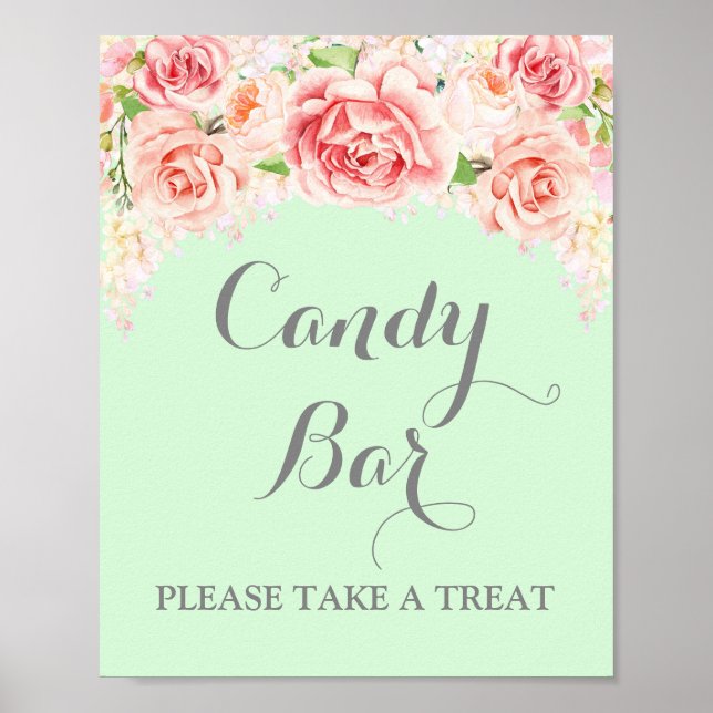 Póster Letrero de Bodas de Barra de Dulces Rosa Floral Ac (Frente)