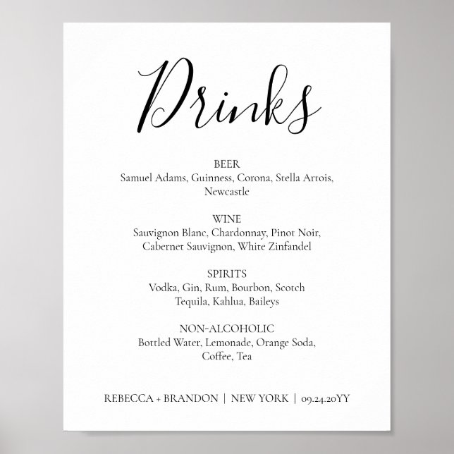 Póster Letrero de Bodas de Bebidas Caligrafía Simple de R (Frente)