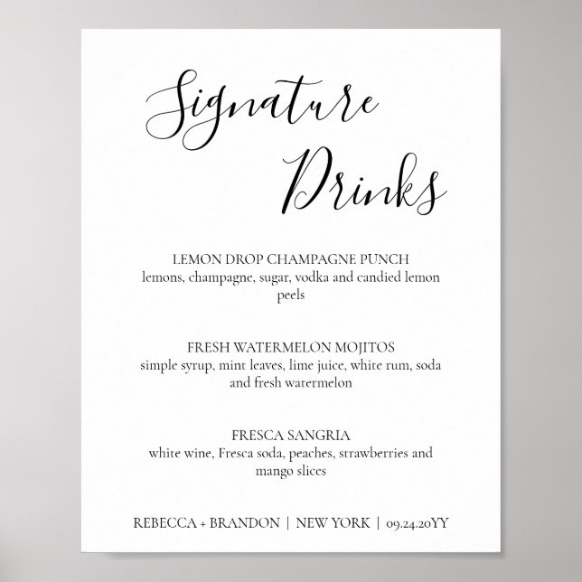 Póster Letrero de Bodas de Bebidas con Firma Simple de Re (Frente)