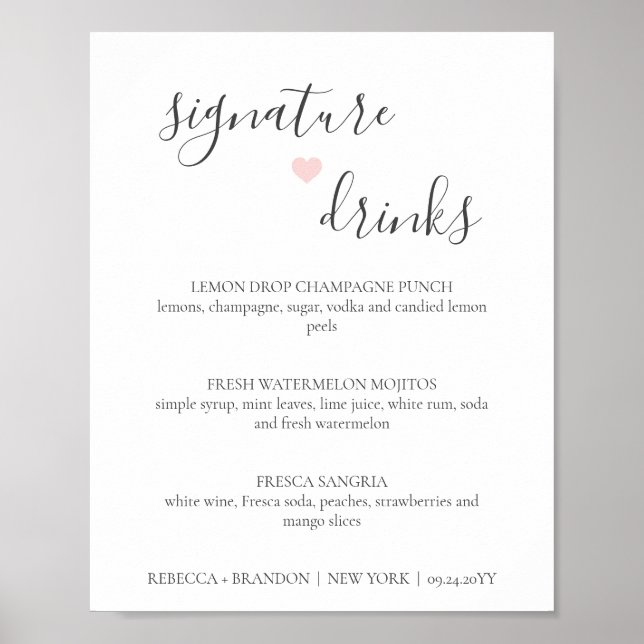 Póster Letrero de Bodas de Bebidas con Firma Simple de Re (Frente)