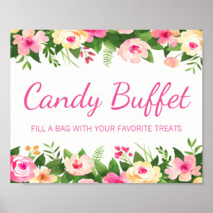 Póster Letrero de Bufet de Dulces Rosa Floral para Baby S