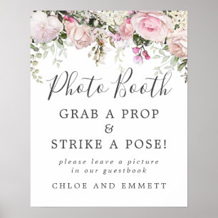 Póster Letrero de cabina de fotos de boda con flores rosa