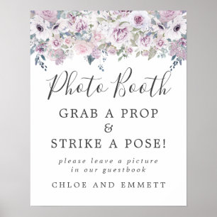 Póster Letrero de cabina de fotos de boda floral púrpura 