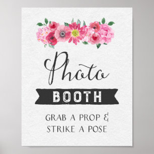 Póster Letrero de cabina de fotos floral de acuarela rosa
