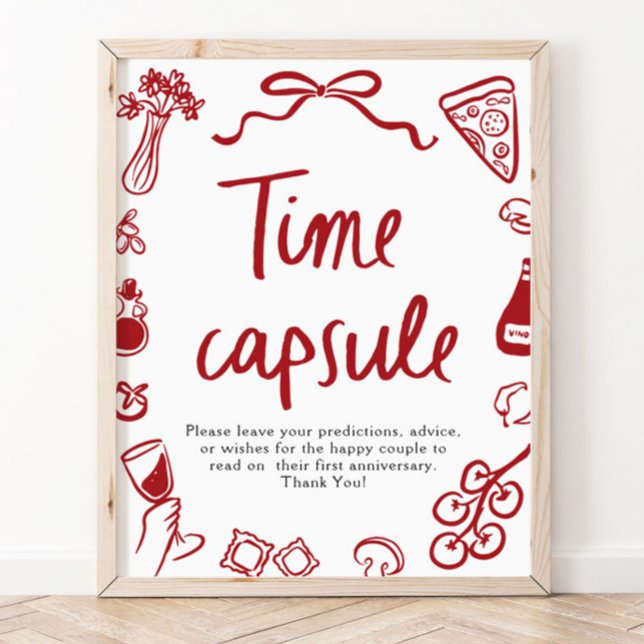 Póster Letrero de Cápsula del Tiempo para Despedida de So (Italian Hand Drawn Bridal Shower Time Capsule Sign)