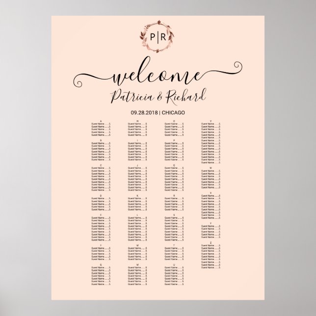 Póster Letrero de cartel de asientos alfabéticos con mono (Frente)