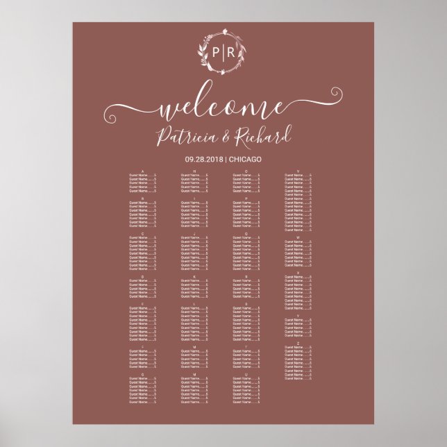 Póster Letrero de cartel de asientos alfabéticos de monog (Frente)