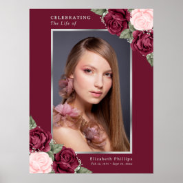 Póster Letrero de celebración de vida floral plateado roj