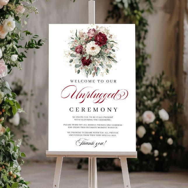Póster Letrero de Ceremonia Desconectada Burgundy Blush R (Rustic Blush Burgundy Unplugged Ceremony Sign)