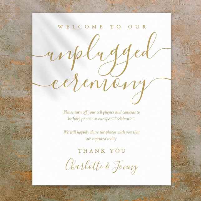 Póster Letrero de Ceremonia sin Dispositivos con Letra Do (Gold Signature Script Unplugged Ceremony Sign)