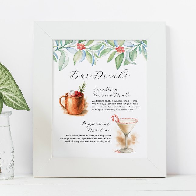 Póster Letrero de cóctel de firma de Navidad (Christmas Signature Cocktail Drink Signage with cranberry moscow mule and peppermint martini)