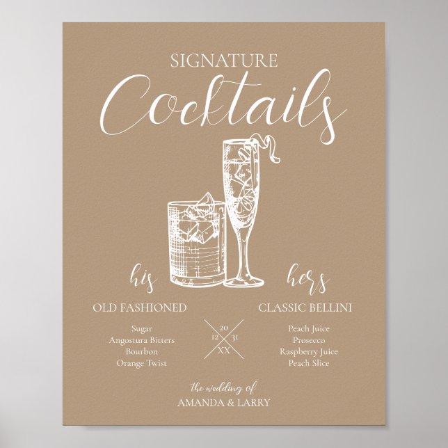 Póster Letrero de Cócteles de Firma para Boda Neutral (Frente)