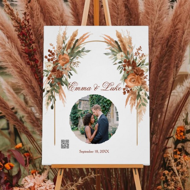 Póster Letrero de código QR de foto de boda personalizada (Personalized wedding QR code sign with photo, boho florals, custom names, and wedding website.)