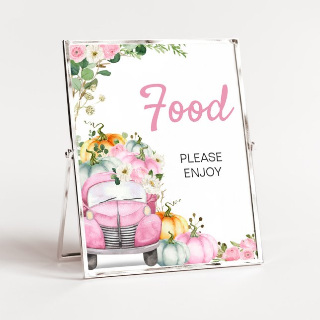 Póster Letrero de comida de camión rosa de calabaza de ot (Little Pumpkin Pink Truck Baby Shower Food Sign)