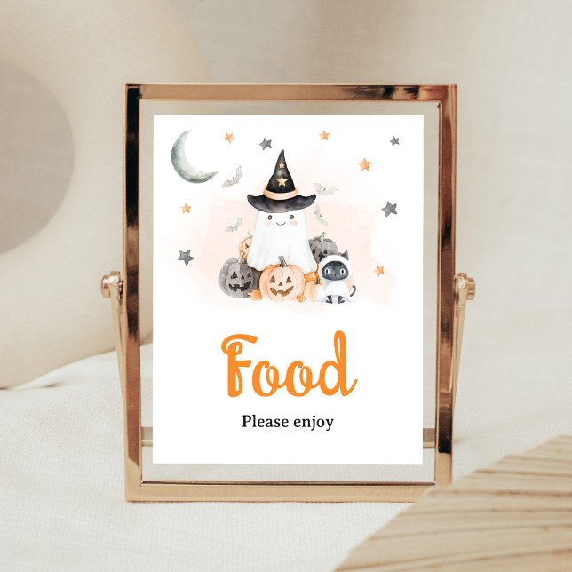 Póster Letrero de comida de Halloween de naranja Little B (Gender Neutral Little Boo Baby Shower Food Sign)
