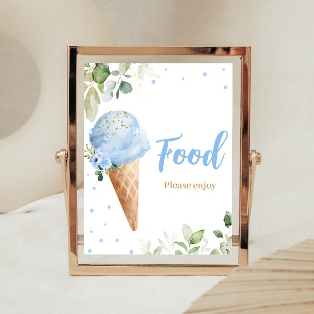 Póster Letrero de Comida de Helado Azul para Baby Shower (Ice Cream Baby Shower Food Sign)