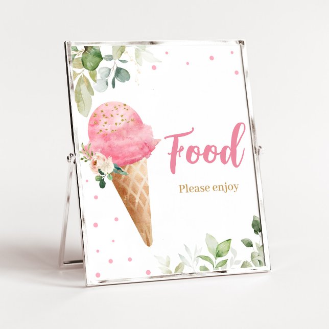 Póster Letrero de Comida de Helado Rosa para Baby Shower (Girl Ice Cream Baby Shower Food Sign)