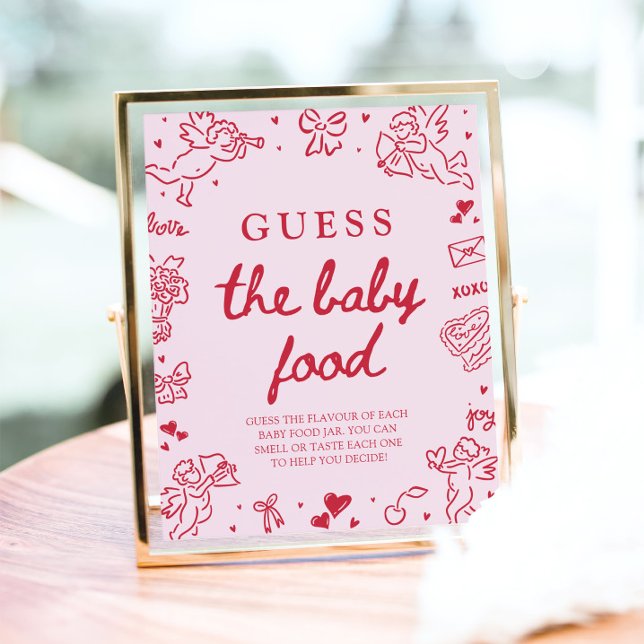 Póster Letrero de comida para bebé de San Valentín dibuja (Hand Drawn Valentine Guess The Baby Food Sign)