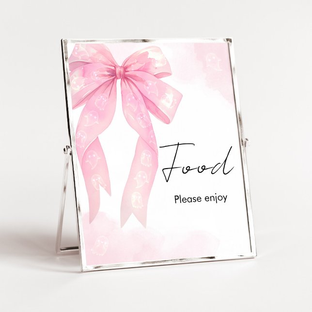 Póster Letrero de comida para ducha de bebé con lazo rosa (Girl Coquette Halloween Baby Shower Food Sign)