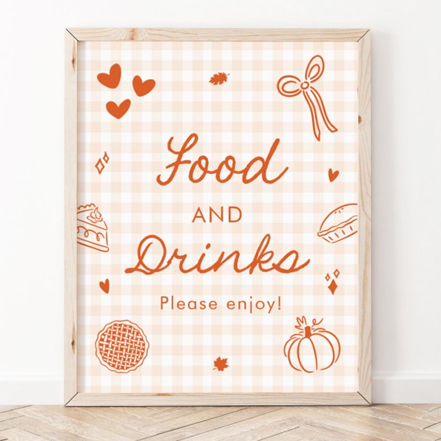Póster Letrero de Comida y Bebidas de Gingham Naranja Oto (Fall Orange Gingham Cutie Pie Food and Drinks Sign)