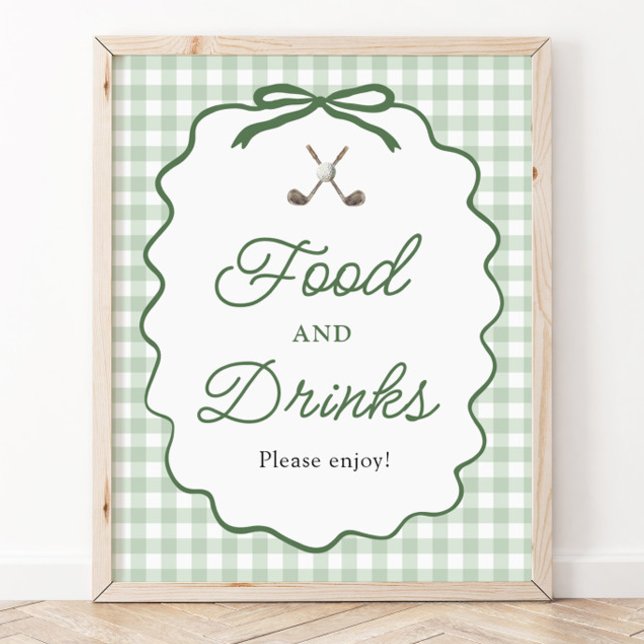 Póster Letrero de Comida y Bebidas de Golf con Lazo de Gi (Sage Green Gingham Bow Golf Food and Drinks Sign)
