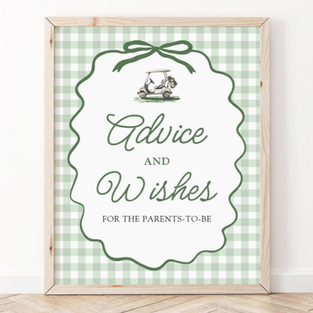 Póster Letrero de consejos y deseos de golf con lazo de g (Sage Green Gingham Bow Golf Advice and Wishes Sign)