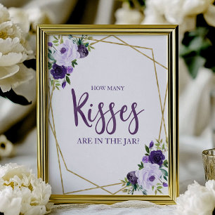 Póster Letrero de Cuántos Besos Floral Dorado Púrpura